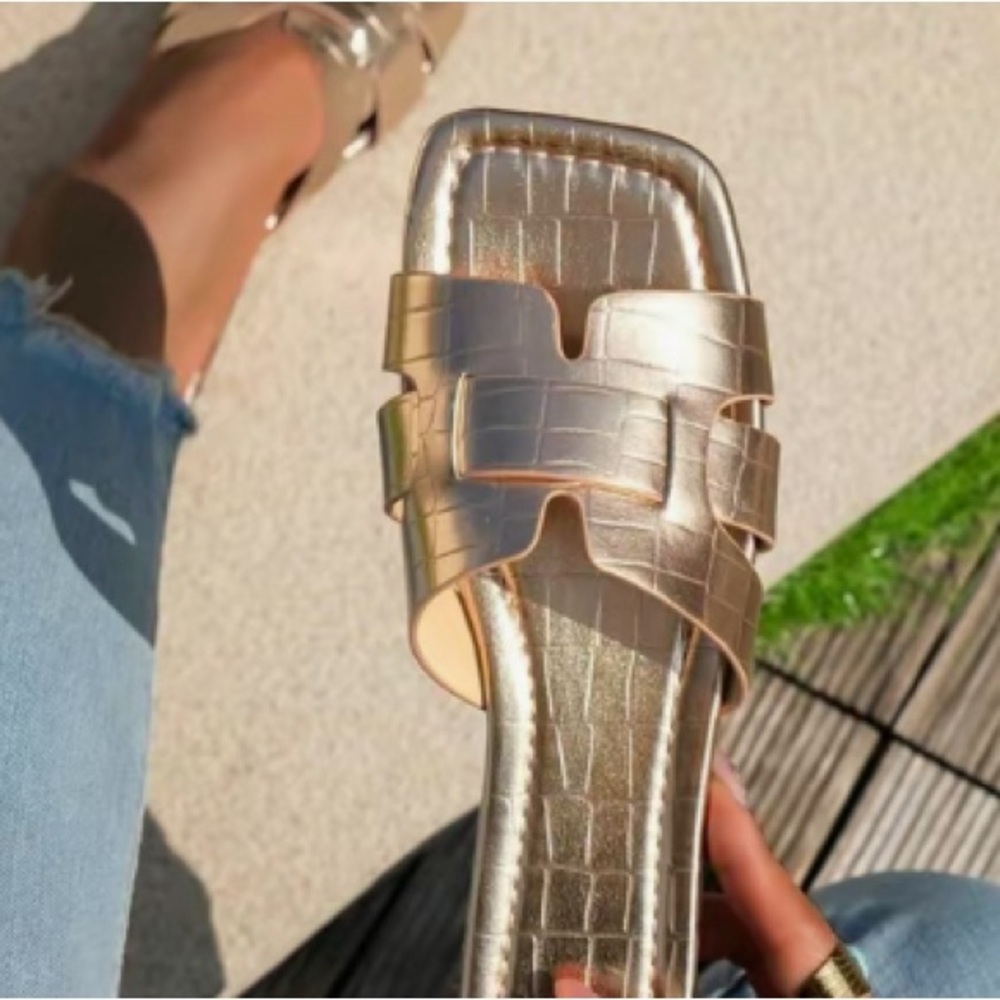 Gold Croc-Embossed Slide Sandals